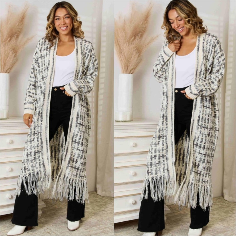 Kaleidoscope Fringe Long Cardigan - Black / White
